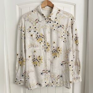 Stitch & Feather Floral Print Button Down Shirt Off White Yellow Size Large